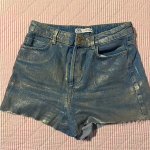 Zara Shimmery Blue Denim High-Rise Shorts